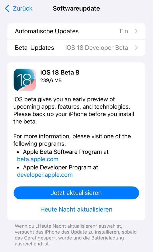 道县苹果手机维修分享苹果 iOS / iPadOS 18 开发者预览版 Beta 8 发布 